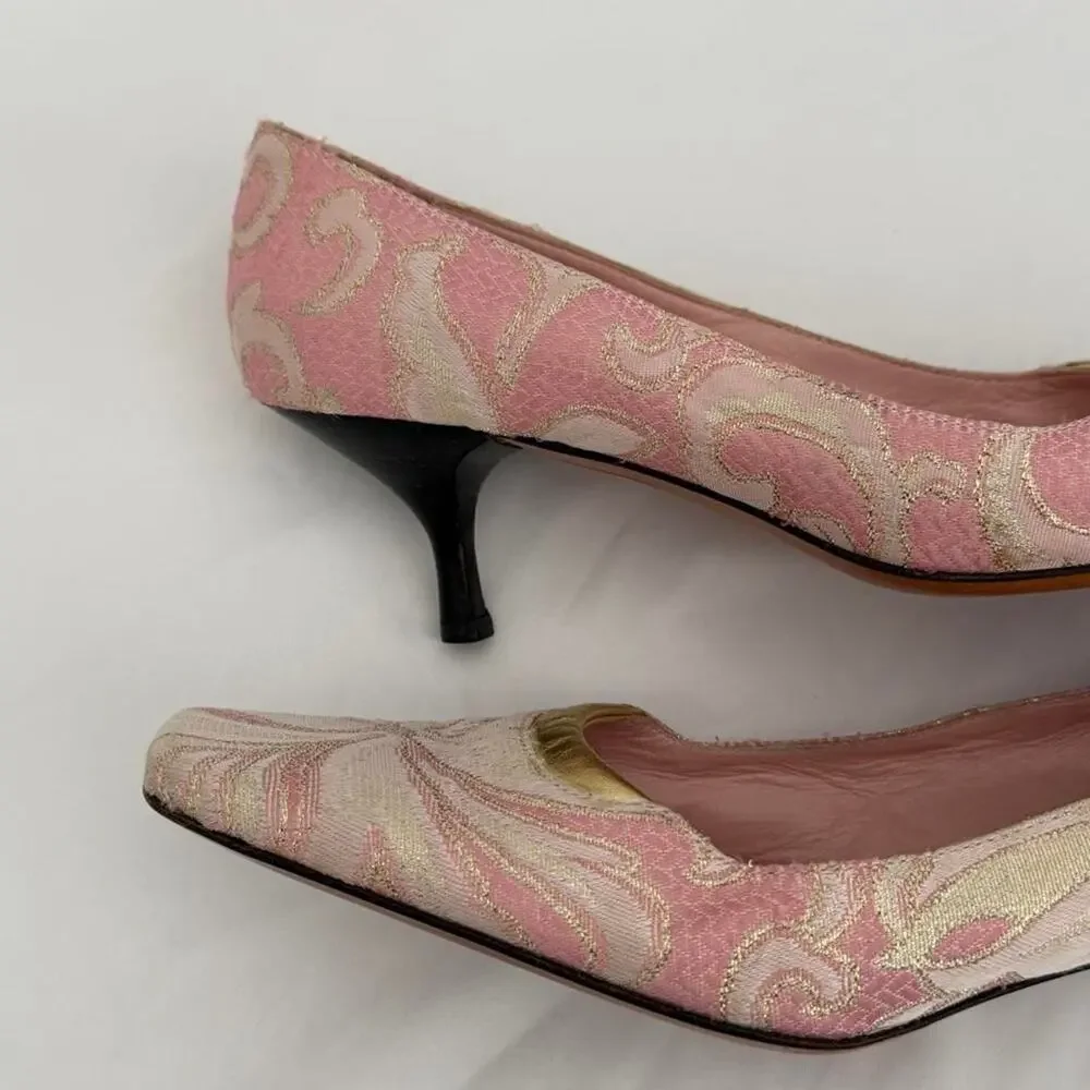 Vintage Bettye Muller Pink & Gold Brocade Kitten Heel Size 39- 8.5